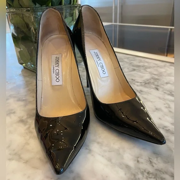 Jimmy Choo size 37 1/2 black patent leather 100 mm heel - Heels